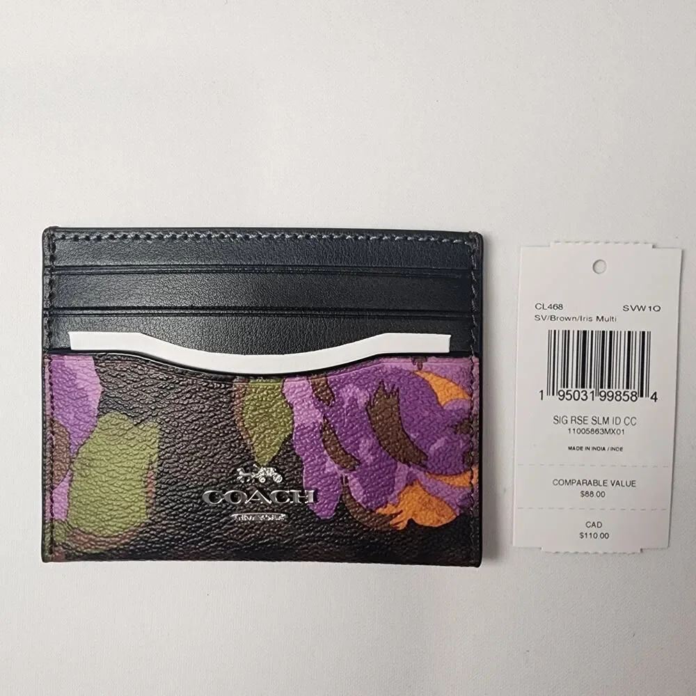 NWT COACH CL468 Slim ID Card Case Signature Canvas Rose Iris Multi v3
